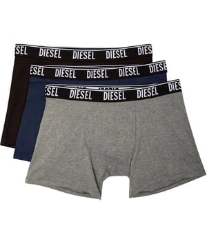 Diesel boxershorts voor heren, 3 stuks, 95% katoen, 5% elastaan, stretchende pasvorm, gemaakt in Bangladesh, Diesel-merk op de tailleband, zwarte tailleband, Diesel-logo op de band, 3 kleuren - grijs, zwart, blauw, Diesel-merk