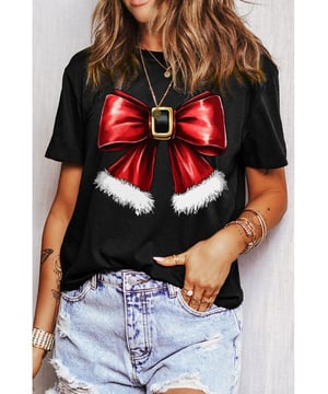 Black Christmas Big Bowknot Graphic Crewneck T
  Shirt
  Features a large bowknot graphic for a festive look
  Classic crew neck design
  Short sleeves for comfortable wear
  Perfect for pairing with jeans or casual pants
Material: 62% Polyester 32% Cotton 6% Elastane