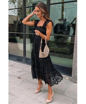 Elegant black lace midi dress
  Scalloped square neckline
  Smocked bodice for a flattering fit
  Delicate lace material
  Tiered design for a layered effect
  Available in multiple sizes