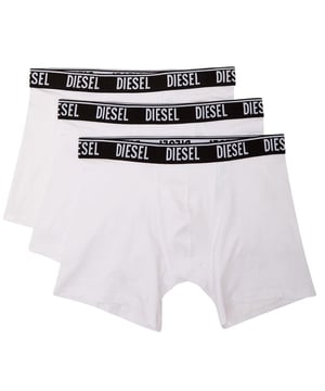 Paquete de 3 calzoncillos tipo bóxer para hombre Diesel, 95 % algodón, 5 % elastano, ajuste elástico, fabricados en Bangladesh, marca Diesel en la cintura, cintura negra, logotipo Diesel en la banda, calzoncillos blancos, marca Diesel