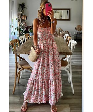 White Boho Floral Smocked Ruffled Maxi Dress
  Allover floral print for a chic boho touch
  Smocked bodice and flowy maxi silhouette for comfort
  Self
  tie straps for added style
  Perfect for traveling and taking photos
  Available in sizes S
  XL
Material: 100% Polyester