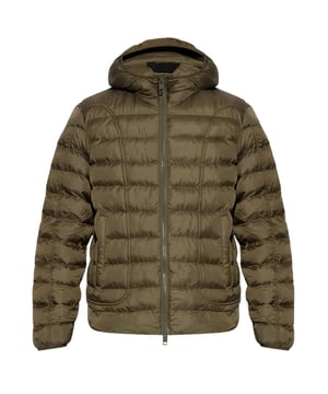 Dieselgroene jas, centrale ritssluiting, zakken aan de voorkant, effen groene jas, materiaal: 100% polyester, jas met capuchon, groene jas