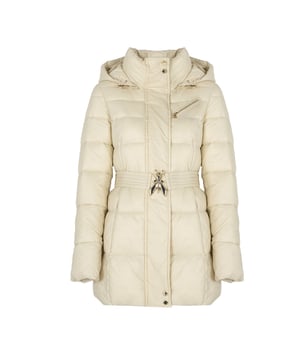 Chaqueta de plumas 
color sólido 
chaqueta con capucha 
con cierre de cremallera 
con cinturón 
elemento decorativo de marca en la cremallera y en el cinturón.
detalle de marca en los botones