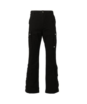 Pantalones cargo negros Amiri, bragueta con cremallera, mezclilla 100% algodón, hechos en EE. UU., pernera acampanada, insignia de la marca Amiri