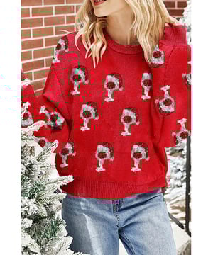 Patrón de elementos navideños brillantes  
Ajuste relajado adecuado para diferentes formas del cuerpo  
Cómodo para usar todo el día  
Diseño de hombro caído para un estilo desenfadado  
Combina bien con cualquier prenda de moda  
Material: 45% Viscosa 27% Nailon 28% Poliéster