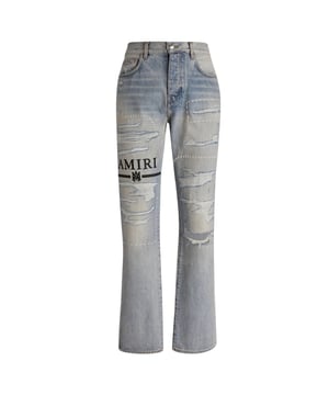 Pantalones de mezclilla azul Amiri, bragueta de botones, mezclilla 100% algodón, hechos en EE. UU., pierna recta, insignia de la marca Amiri
