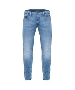 Diesel jeans, knoopsluiting, stretchdenim van 99% katoen, 1% elastaan, taps toelopende pijpen, gemaakt in Bangladesh, badge met het merk Diesel