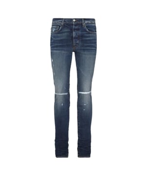 Amiri Blue Denim Pants ,  Button Fly , 92% Cotton, 6% Polyester, 2% Elastane, Made in USA, Straight Leg,  Amiri Branded Badge