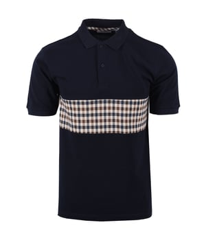 Aquascutum Iconic Insert Polo in Navy
Elevate your casual wardrobe with the timeless elegance of the Aquascutum Iconic Club Check Insert Polo Shirt in classic navy. This premium polo is crafted from luxuriously soft, organic pique cotton, ensuring comfort and a refined aesthetic.   
 
This polo offers a smart, structured fit, featuring a traditional ribbed collar and cuffs. The clean, two-button placket adds a touch of classic detail, while the iconic Aquascutum Club Check panel provides a signature touch of heritage style. A subtly woven brand tab completes the look, signifying the quality and craftsmanship synonymous with Aquascutum.
 
Features

Iconic Club Check Panel: A distinctive Aquascutum design element. 
Premium Pique Organic Cotton: Crafted from 100% cotton for superior comfort and breathability.   
Ribbed Collar & Cuffs: Provides a refined and structured finish.   
Two-Button Placket: Classic polo shirt detailing.   
Woven Brand Tab: A mark of authentic Aquascutum quality.
Style code: AA_ICON_PO003