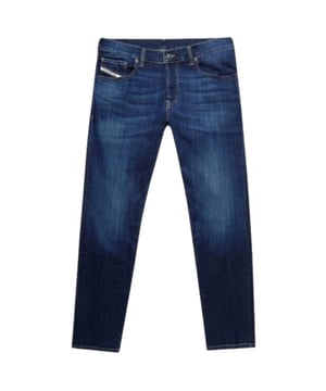 Dieselblauwe denimbroek, normale taille, taps toelopende pijpen, knoopgulp, 99% katoen, 1% elastaan __stretchdenim, gemaakt in Mauritius, blauw denim, diesellogo