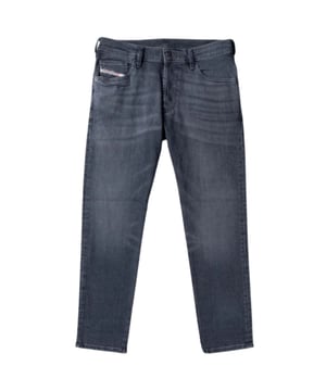 Dieselgrijze denimbroek, normale taille, taps toelopende pijpen, knoopgulp, 99% katoen, 1% elastaan __stretchdenim, gemaakt in Mauritius, grijs denim, diesellogo