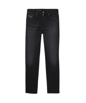 Diesel Black Jeans, normale Taille, schmal zulaufendes Bein, Reißverschluss, hergestellt in Tunesien, 99 % Baumwolle, 1 % Elastan, gerades Bein, Diesel-Branding