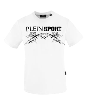 Plein Sport White T-Shirt, 100% Cotton, Plein Sport Branded Logo, Short Sleeve, Crew Neck, Plein Branded Badges, Made in Bangladesh, White Tee