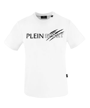 Plein Sport White T-Shirt, 100% Cotton, Plein Sport Branded Logo, Short Sleeve, Crew Neck, Plein Branded Badges, Made in Bangladesh, White Tee