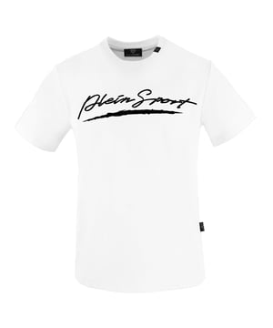 Plein Sport White T-Shirt, 100% Cotton, Plein Sport Branded Logo, Short Sleeve, Crew Neck, Plein Branded Badges, Made in Bangladesh, White Tee