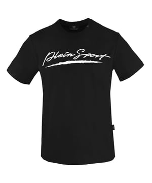 Schwarzes T-Shirt von Plein Sport, 100 % Baumwolle, Logo der Marke Plein Sport, kurze Ärmel, Rundhalsausschnitt, Abzeichen der Marke Plein, hergestellt in Bangladesch, schwarzes T-Shirt