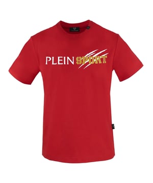 Plein Sport Red T-Shirt, 100% Cotton, Plein Sport Branded Logo, Short Sleeve, Crew Neck, Plein Branded Badges, Made in Bangladesh, Red Tee