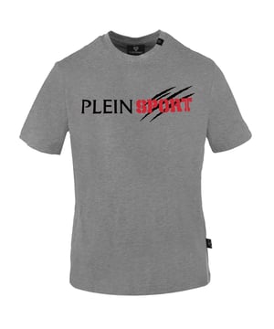 Graues T-Shirt von Plein Sport, 100 % Baumwolle, Logo der Marke Plein Sport, kurze Ärmel, Rundhalsausschnitt, Abzeichen der Marke Plein, hergestellt in Bangladesch, graues T-Shirt