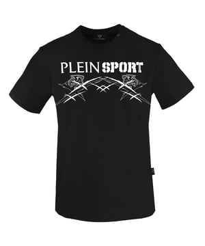 Plein Sport Black T-Shirt, 100% Cotton, Plein Sport Branded Logo, Short Sleeve, Crew Neck, Plein Branded Badges, Made in Bangladesh, Black Tee