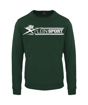 Grüner Pullover von Plein Sport, 86 % Baumwolle, 14 % Polyester, Logo der Marke Plein Sport, lange Ärmel, Rundhalsausschnitt, Abzeichen der Marke Plein, hergestellt in Bangladesch, grünes Sweatshirt