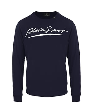Blauer Pullover von Plein Sport, 86 % Baumwolle, 14 % Polyester, Logo der Marke Plein Sport, lange Ärmel, Rundhalsausschnitt, Abzeichen der Marke Plein, hergestellt in Bangladesch, blaues Sweatshirt