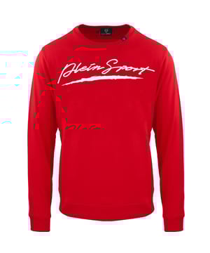 Roter Pullover von Plein Sport, 86 % Baumwolle, 14 % Polyester, Logo der Marke Plein Sport, lange Ärmel, Rundhalsausschnitt, Abzeichen der Marke Plein, hergestellt in Bangladesch, rotes Sweatshirt
