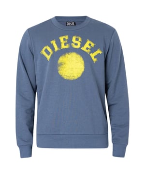 Blauer Pullover mit Diesel-Markenlogo, 60 % Baumwolle, 40 % Polyester, Grafik auf der Brust, Rundhalsausschnitt, lange Ärmel, Markenlogo, elastischer Halsausschnitt, Ärmelenden und Saum