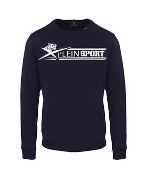 Blauer Pullover von Plein Sport, 86 % Baumwolle, 14 % Polyester, Logo der Marke Plein Sport, lange Ärmel, Rundhalsausschnitt, Abzeichen der Marke Plein, hergestellt in Bangladesch, blaues Sweatshirt