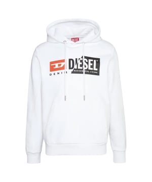 Sudadera con capucha Diesel S-Girk-Hood-Cuty blanca, 100% algodón, bolsillo canguro grande, corte entallado regular, se ajusta a la talla real, mangas y terminaciones de cintura acanaladas, confeccionada en Bangladesh