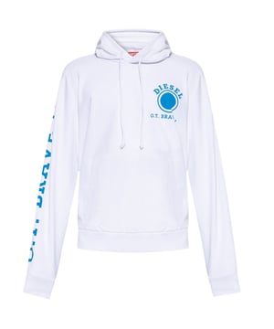 Sudadera con capucha Diesel White, 60 % algodón, 40 % poliéster, logotipo en el pecho, confeccionada en Bangladesh, corte estándar, se ajusta a la talla real, terminaciones de cintura y mangas acanaladas, sudadera con capucha blanca, jersey con capucha