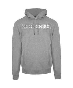 Plein Sport Grey Hoodie, 90% Cotton, 10% Viscose, Plein Sport Branded Logo, Long Sleeve, Hooded, Plein Branded Badges, Made in Bangladesh, Grey Hoodie