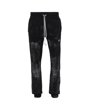 Elevate your casual style with the Amiri Black Sweat Pants. Made with a comfortable loop back fabric, these pants feature a classic navy color that pairs well with any outfit. Enjoy a cozy and stylish look while showing off your love for Amiri., 2 Front Pocket, Cuffed Bottoms, Black Sweatpants, Drawstring Waistband, Regular Fit, Made in USA, 100% Cotton, Cracked Dye Design, Black Joggers