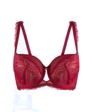 'Durf cerise te zijn'... Deze opvallende kleur springt in het oog binnen de collectie. De uni-fit beha heeft kanten cups met een knoopdetail ertussen en een gouden hanger. De beha is verder afgewerkt met kant en microvezel voor een extra luxueus gevoel, wat het uitdagender maakt.