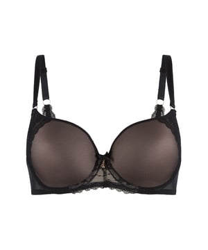 'In den Tiefen der schwarzen Lingerie verbirgt sich eine Geschichte voller Geheimnisse.' Dieser uni-fit BH verfügt über geformte Cups mit Spitzendetails auf der Außenseite. Ein goldener Anhänger ist zwischen den Cups angebracht. Der BH hat ein luxuriöses und verführerisches Aussehen.