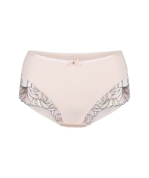 'Shell overwint zichzelf.' Deze hoge taille slips zijn iets corrigerend, zodat een klein buikje gemakkelijk verborgen blijft. De achterkant van deze slips is volledig van mesh. De voorkant bestaat uit micro in combinatie met borduursel met een bloemenpatroon voor een extra luxe uitstraling. Het strikje met rosé hangertje completeert de look.
