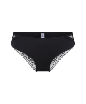 'In den Tiefen der schwarzen Unterwäsche verbirgt sich eine Geschichte des Geheimnisses.' Die Vorderseite der Panties besteht aus Mikrofaser, die super bequem ist. Die Rückseite besteht vollständig aus Spitze. Die Panties sind halbtransparent und haben ein Detail mit einem goldenen Anhänger auf der Rückseite.