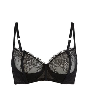 Sexy Schwarz: Verführung in der Dunkelheit. Dieser Balconett-Bügel-BH verfügt über ein Unterwire und hat transparente Spitze an den Cups. Der BH hat ein festes Unterbrustband für leichte Unterstützung.