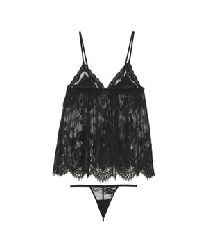 Geheel kanten dames babydoll met bijpassende string. Zowel de babydoll als de string is geheel transparant. De set heeft een luxe uitstraling doordat er gebruik is gemaakt van het hoogwaardige eyelash lace. Er is extra stof gebruikt bij de borsten, waardoor dit gedeelte minder transparant is. De schouderbandjes zijn verstelbaar.   De lengte van deze babydoll is 56cm bij een maat S, exclusief schouderbandjes.  De Cosmopolitan  Babydoll met string is beschikbaar in de maten XS  XXL.  Compositie: 90% Polyamide - 10% Elasthan