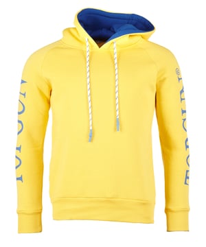 Der elastische Strick am Ärmelabschluss und am Bund sorgen für eine ideale Passform. Der Hoodie ist mit einer Kapuze mit blauem Innenfutter und einem Kordelzug ausgestattet. Das optische Highlight sind die Schriftzüge auf den Ärmeln.