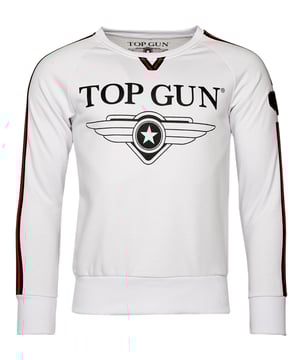 Der einzigartige Top Gun Stil spiegelt sich in diesem modernen Sweater wieder. Er besitzt die typischen Patches auf dem Oberarm und das Logo-Print im Brustbereich. Der elastische Strick am Ärmelabschluss und am Bund in Kombination mit dem weichen Stoff sorgen für eine ideale Passform und ein angenehmes Tragegefühl. Der Sweater ist mit einem Rundhalsausschnitt ausgestattet.