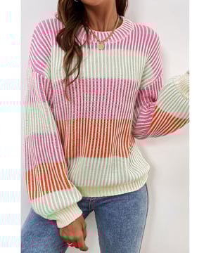 Suéter de punto texturizado en color rosa con mangas abullonadas, acogedor y a la moda  
  Diseño de bloques de color llamativo para un estilo moderno  
  Las mangas abullonadas en tendencia añaden un toque lúdico  
  Cuello redondo clásico para un estilo versátil y atemporal  
  Elasticidad media-alta  
  Viene con tabla de tallas en CM y PULGADAS  
  Perfecto para cualquier género  
Material: 60% algodón, 40% acrílico