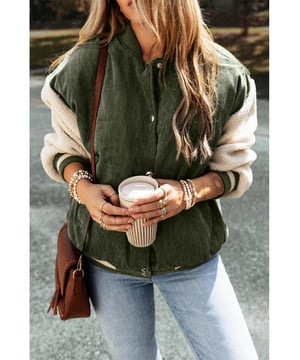 Flat collar
  Varsity
  striped trim
  Snap button
  front closures
  Faux shearling dropped long sleeves
  Elasticized trim
  Pairs well with jeans and casual pants
Material: 100% Polyester