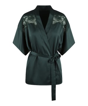 Het leven is als een tuin in het groen! Een serie met een warme kleur voor dit seizoen! Deze groene kleur is de trendkleur van dit jaar. De korte kimono is gemaakt van satijn en afgewerkt met kant op de schouders. De kimono heeft een ceintuur in de taille.