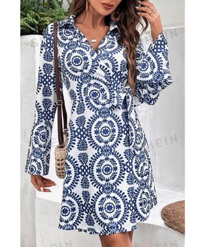 Blue Floral Print V Neck Wrapped Knot Long Sleeve Dress
  Flattering silhouette with long sleeves
  Front knot detail adds a chic and trendy touch
  Vibrant floral print for a fresh and feminine look
  Ideal for a casual and chic look
  Please refer to the size chart before placing an order
Material: 100% Polyester