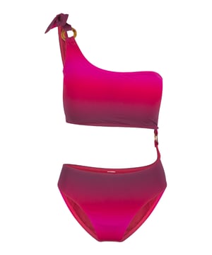 ¡Libera tu mente llevando este traje de baño único en los colores Orchid red & Camel lake! El bañador tiene un aspecto único, ya que está sujeto con una anilla. La correa del hombro es ajustable.