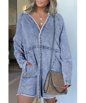 Chic and unique denim mini dress
  Features mineral
  wash effect and button
  up front
  Raw hem details add an edgy touch
  Side pockets for functionality and classic style
  Dropship mini dress for all
  day fashion
  Please refer to the size chart for perfect fit
Material: 82% Cotton 10% Polyester 8% Viscose