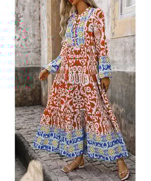 Boho
  inspired geometric prints for a cultural and colorful vibe
  Long sleeves and a split neck add elegance
  Maxi length with a flattering flared silhouette
  Perfect for pairing with sandals or heels for a summer look
Material: 100% Polyester
