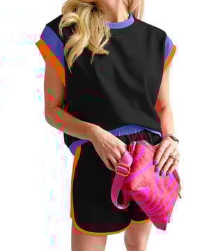 Includes cap sleeve t
  shirt and elastic waist shorts
  Relaxed fit for maximum comfort
  Colorblock design with contrast trim
  Fashionable and casual for daily wear
  Available in both inches and centimeters
  High elasticity for active individuals
  Perfect for all genders and occasions
Material: 95% Polyester 5% Elastane