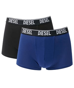 Diesel Herren-Boxershorts im 2er-Pack, 95 % Baumwolle, 5 % Elasthan, Stretch-Passform, hergestellt in Bangladesch, 2er-Pack Farben – Blau, Schwarz, Diesel-Branding am Bund, schwarzer Bund, Diesel-Logo am Band, Diesel-Branding