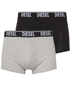 Diesel Herren-Boxershorts im 2er-Pack, 95 % Baumwolle, 5 % Elasthan, Stretch-Passform, hergestellt in Bangladesch, 2er-Pack Farben – Grau, Schwarz, Diesel-Logo am Bund, schwarzer Bund, Diesel-Logo am Band, Diesel-Branding